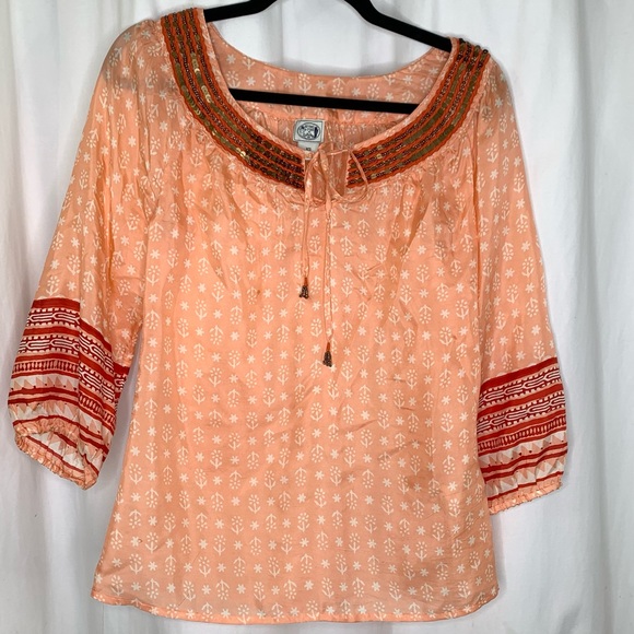Irving & Fine Silk Blouse  Peach BoHo Style with Sequins and Beads XS - Picture 1 of 8